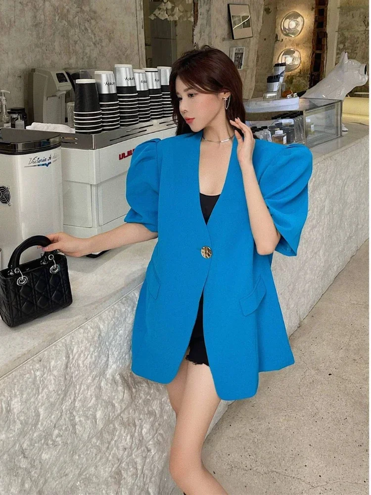 Luxury Designers Short Sleeves Blazer Women Bubble Sleeve Korean Fashion Coat Lined Chic Black Suit Summer Jacket Thin Top