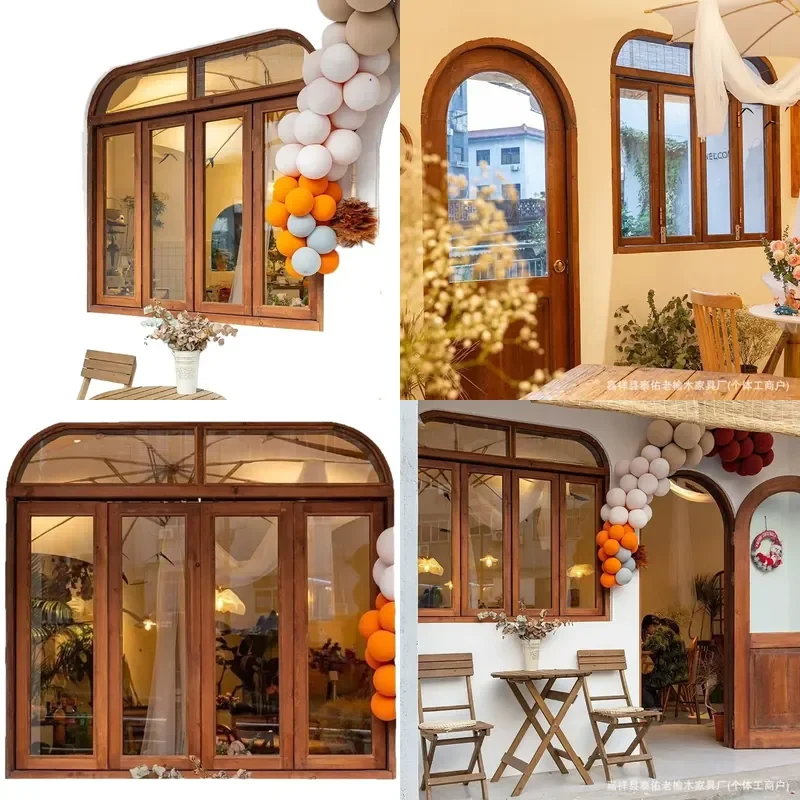 Retro Solid Elm Door Window Frame Vintage Sliding Border for Cafe Milk Tea Shop Homestay Decor