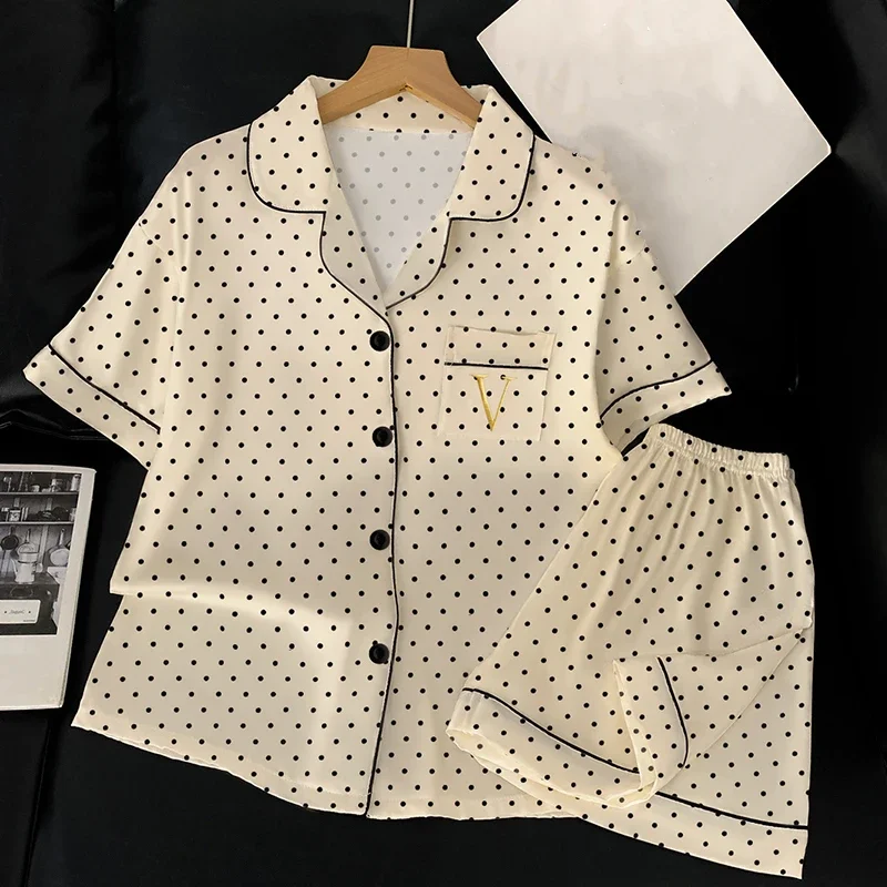 Letter Dot Print Korean Sweet Home Wear Woman Casual Simple Fashion Two Pieces Pajamas Set New Summer New Short Women's Pajamas 3