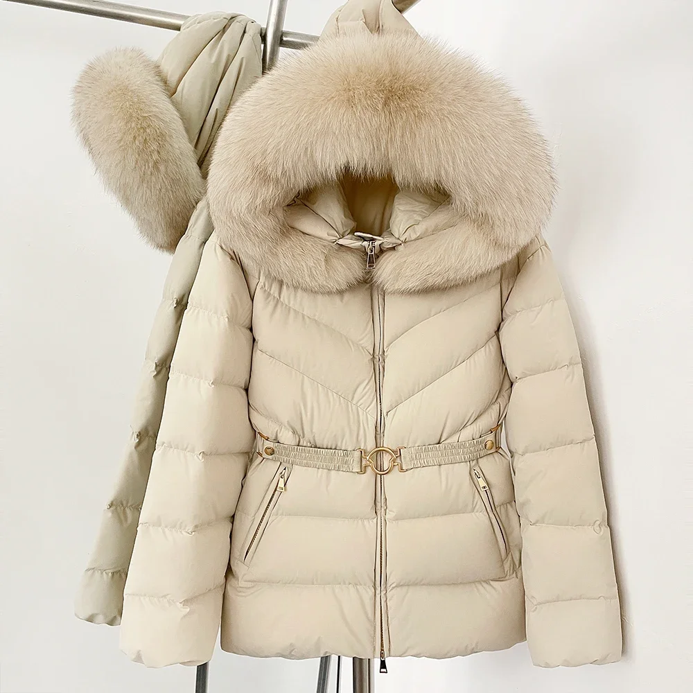 20205 レディース 新作 ファーカラー ジャケット ラクーンファー ふわふわジャケット フード付き ホワイトダックダウンコート ベルト付き 女性用 冬用トップス 厚手 暖かい