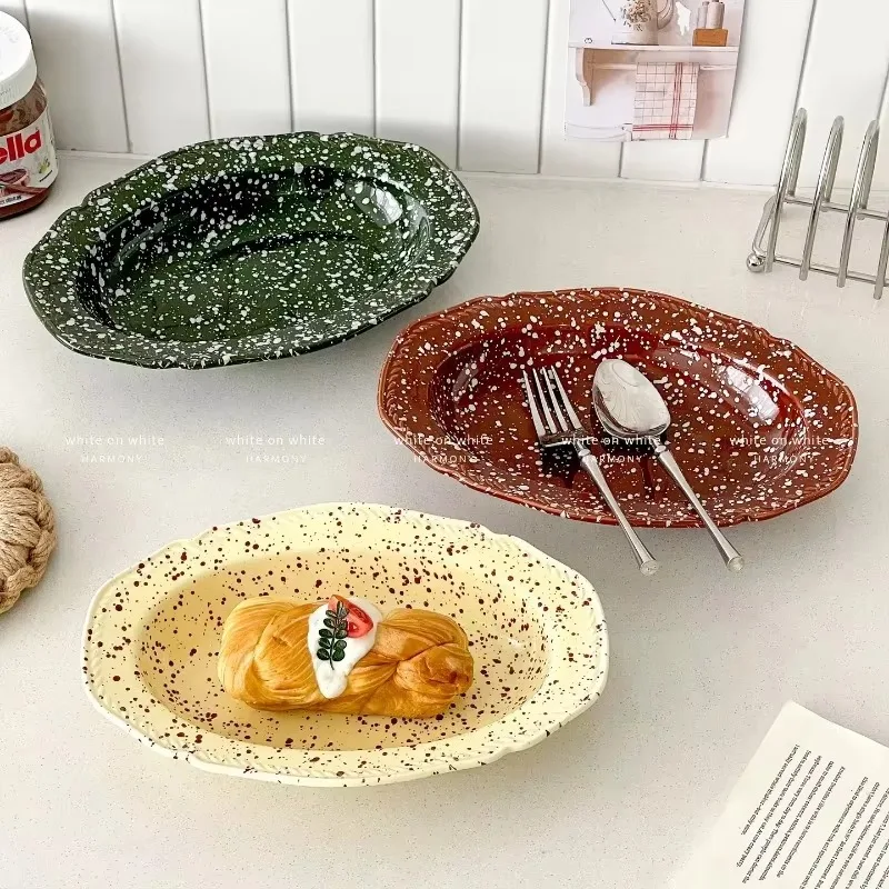 D20Good-looking Premium Plate Vegetable Plate Household Tray Ceramic Oval Plate Breakfast Fruit Salad