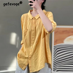 Women's Clothing Simple Polo Collar Oversized Vintage Cotton Linen Single Breasted Shirt Summer Casual Solid Half Sleeve Blouses