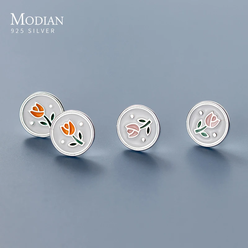 Modian Vintage Enamel Round Stud Earrings 925 Sterling Silver Simple Cute Flower Ear Studs For Women Prevent Allergy Jewelry