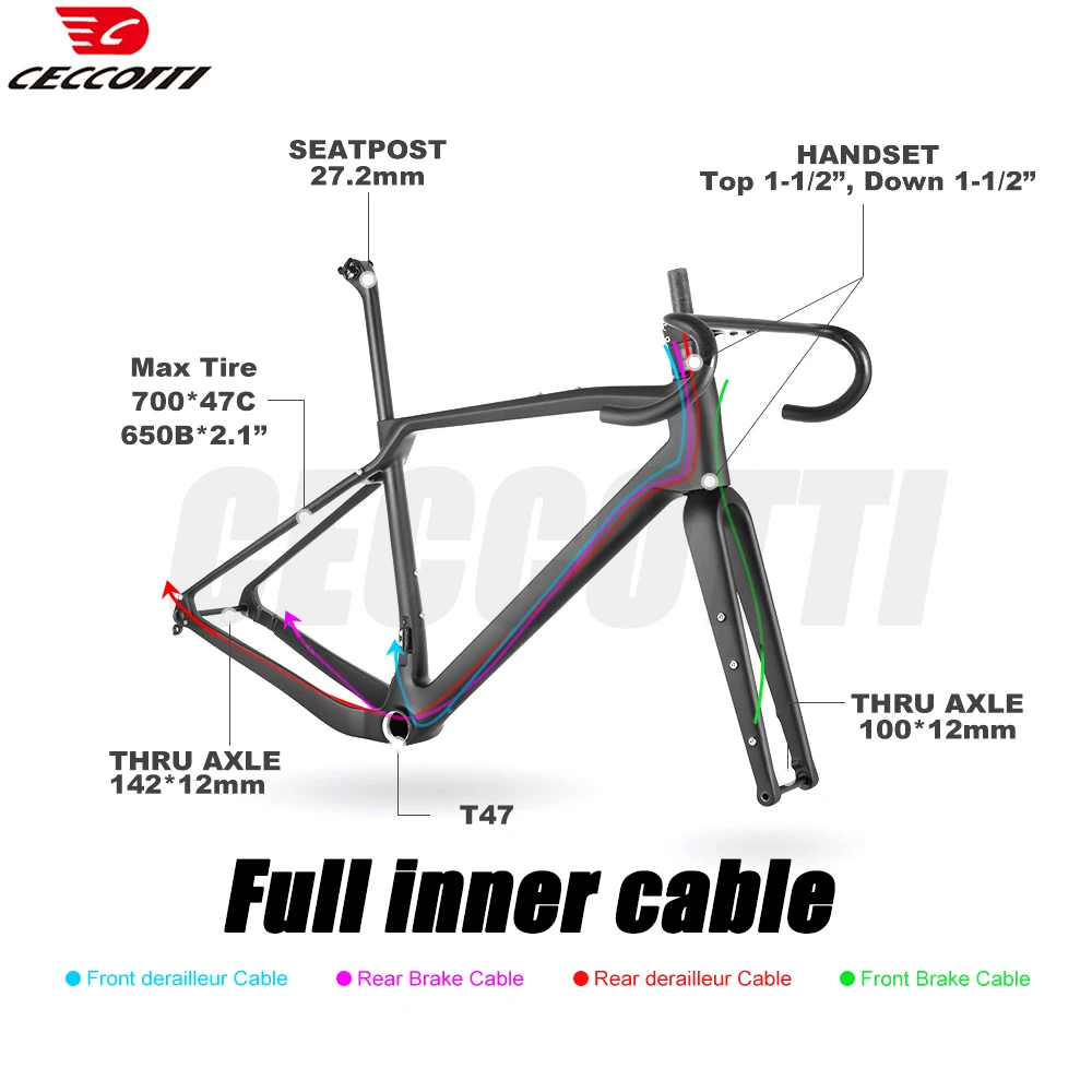 

CECCOTTI T1000 Carbon Gravel Frame Fit 700C*50C T47 Thread BB Bike Frame Full Hidden Cable Gravel Bicycle Frameset