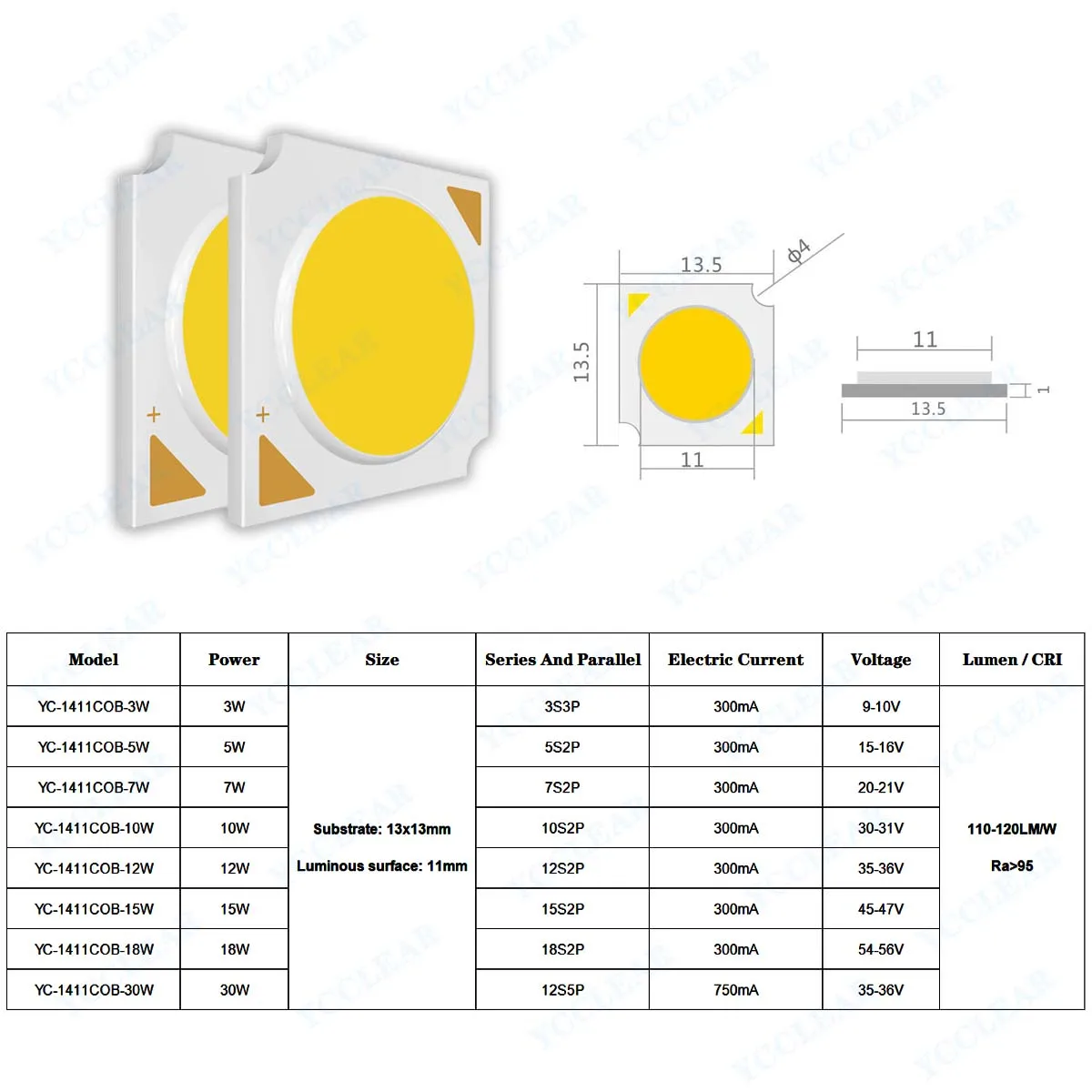 High CRI Ra 90 LED Chips Warm Natural White 3000-6000K 3W 5W 7W 10W 12W 15W 18W 24W 30W 1313 COB Chip DIY LED Bulb Track Light