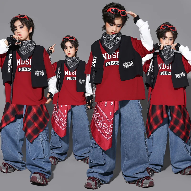 Hip Hop Modern Dancing Boys Contrast Sweatshirt Red Vest Cargo Pants Girls K-pop Street Dance Clothes Sets Kids Jazz Costumes