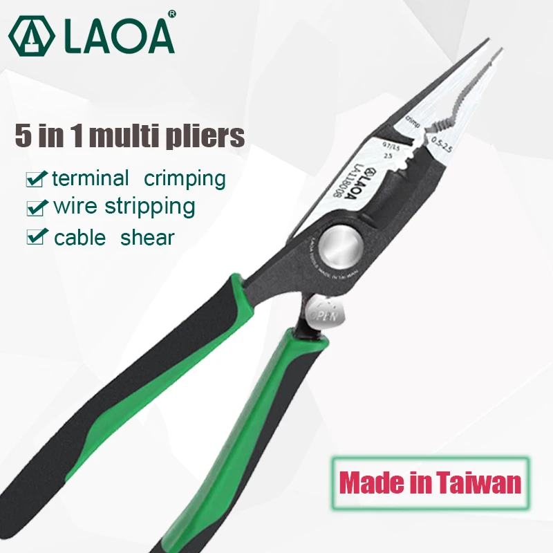 LAOA 8inch Electrician Long Nose Pliers Nippers Cable Wire Stripper Terminal Crimping Made in Taiwan