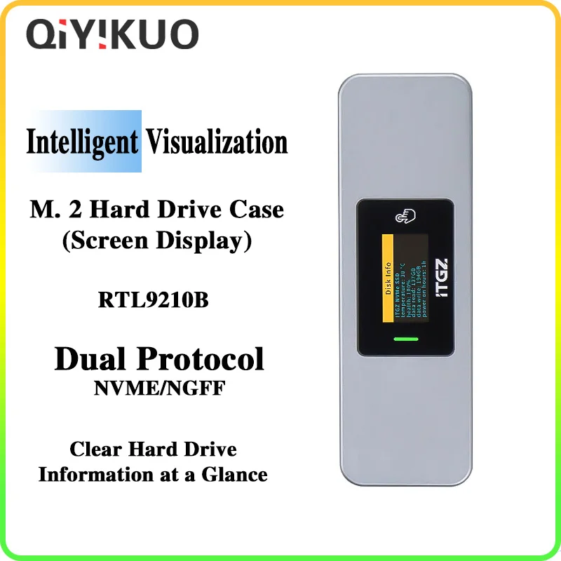 M.2 Hard Disk Case Solid State External Intelligent Visualization Screen Display USB 3.2 Dual Protocol NVMe/NGFF VDS Qiyikuo