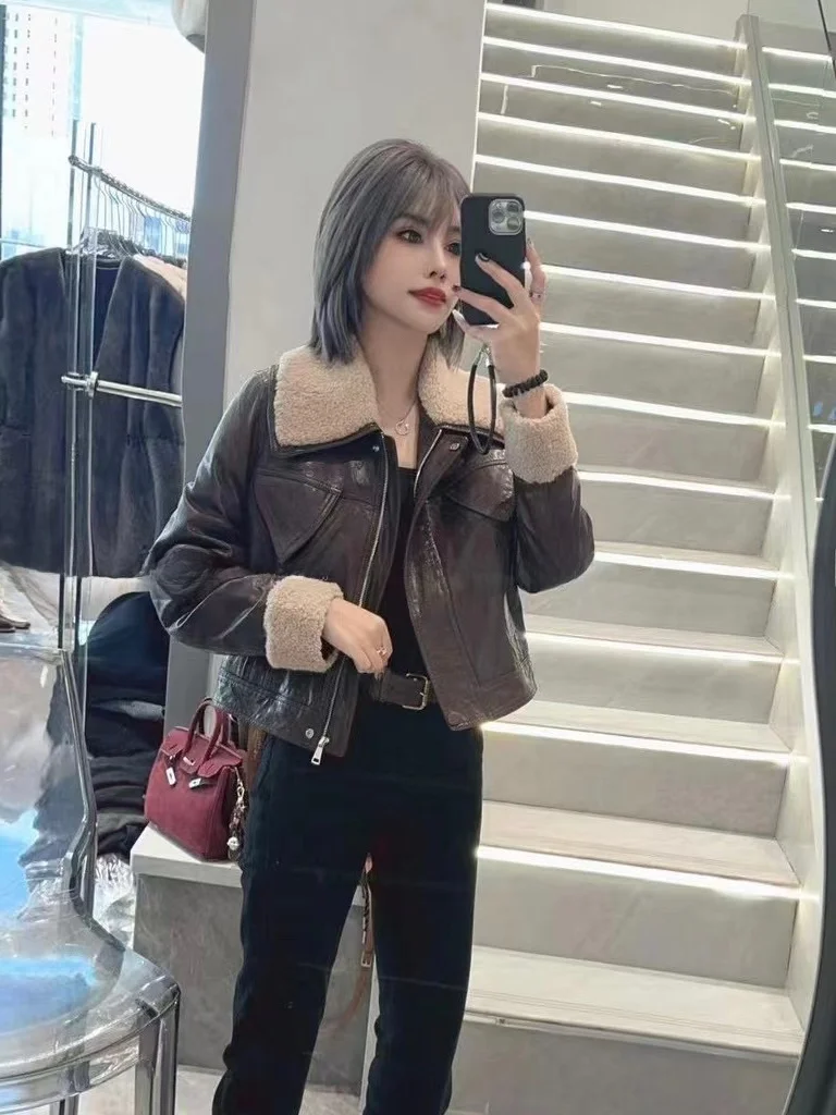 

Brown Hong Kong Sle ort Biker Jaet Women's Autumn Winter Leather Coat Lamb Fur Collar down Filled Loose Fit Long Sve