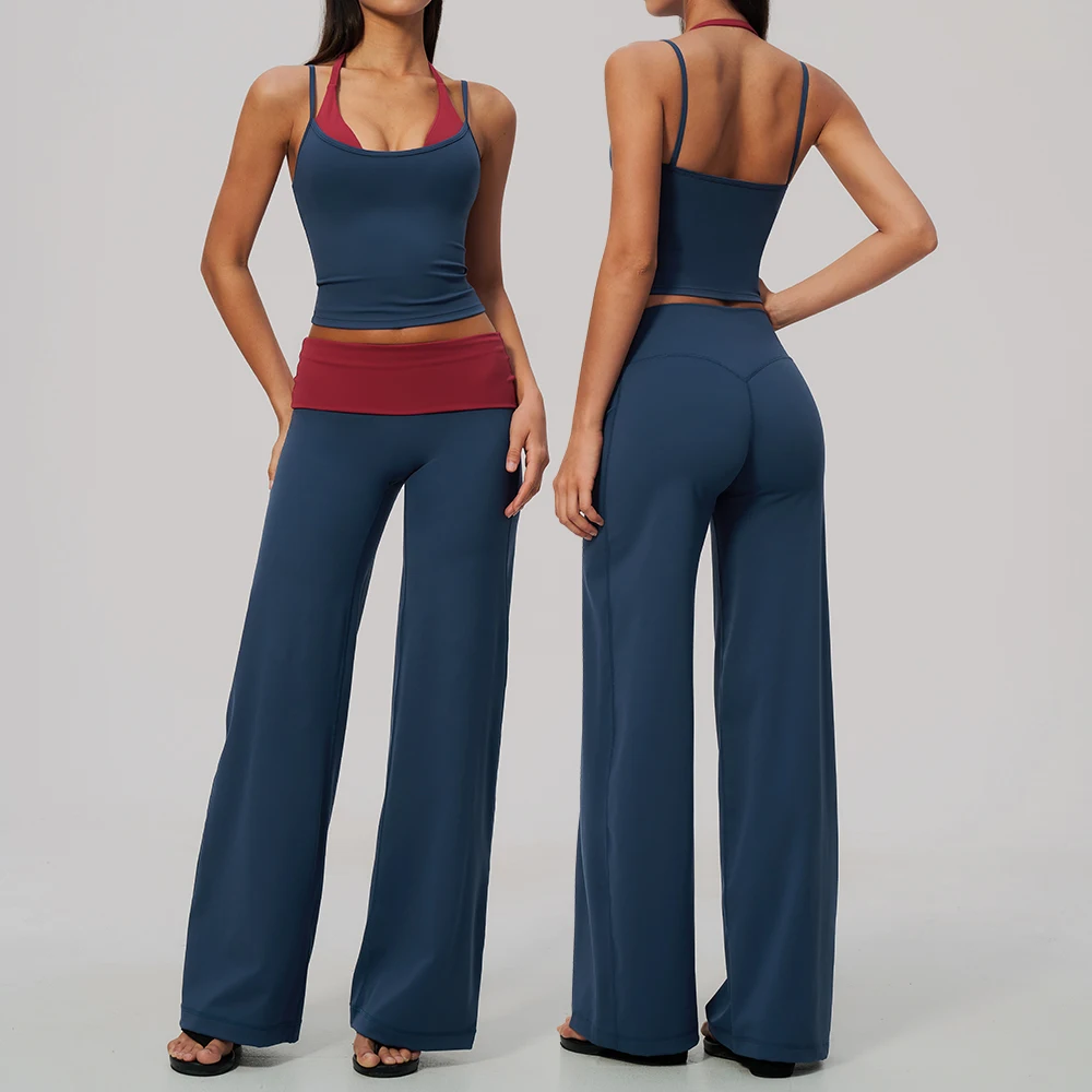 Women 2 Piece Yoga Set Gym Clothing Fitness Suit Workout Tracksuit Running Sportswear Outfits Layered Open Back Wide Leg Pants