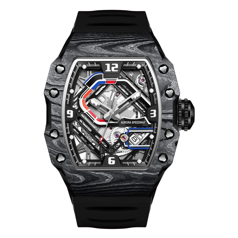 

HANBORO Мужские автоматические часы Tonneau Механические наручные часы 5ATM Светящийся скелетон из углеродного волокна Безель Racetrack Dial Miyota 9015