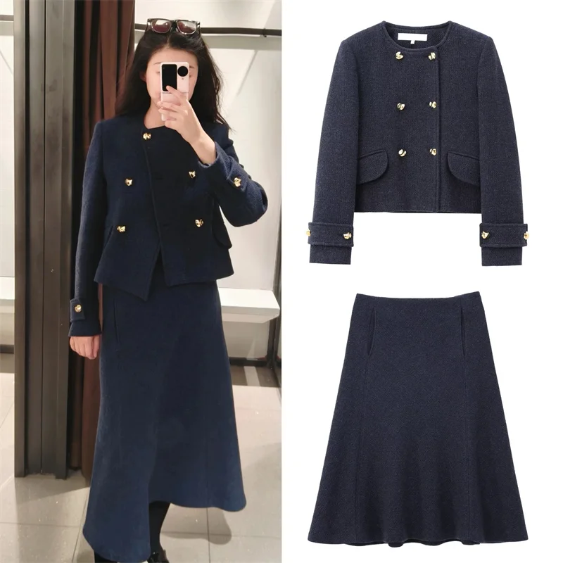 

Women's Suit 2025 New Double-breasted Button-Blended Jacket Midi Cape Skirt Autumn Women's 2-Piece Set