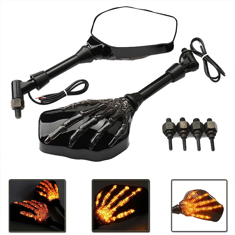 Integrated LED Metal Skeleton Claw Turn Signal Light Motorcycles Rearview Mirrors 8mm 10mm Thread Bolts Interior Accessories