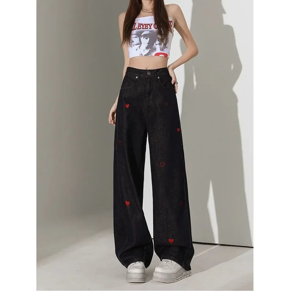 

PopPopГлубоко-синие свободные женские джинсы с высокой талией и вышивкой, летние новые стильные утягивающие широкие прямые повседневные брюки, модные