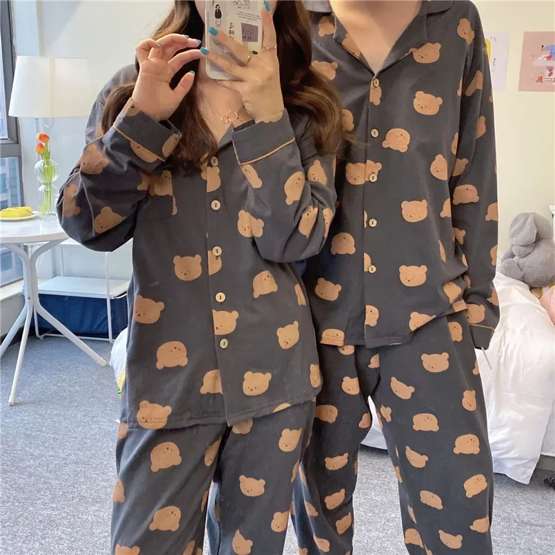 Couple Set Ins Cartoon Bear Pajamas Women Men\'s Spring and Winter Long Sleeve Loose Large Size Simple Casual Home Wear Set