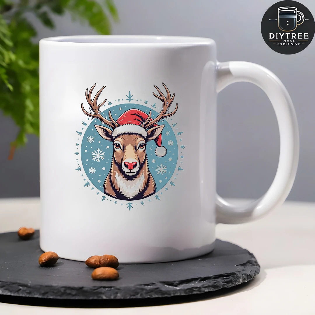 Taza de 11 oz + pegatina de sombrero de Navidad de reno de dibujos animados + regalo de Navidad - Taza para niños Taza de café de oficina familiar