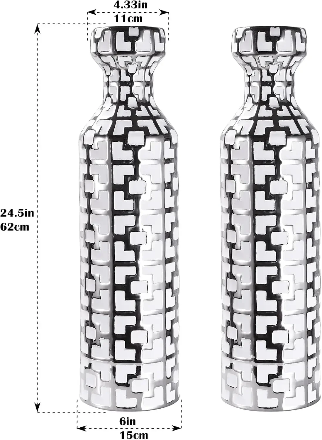 24.4 inch Tall Floor Vases Set of 2. White Vase with Silver Geometric Patterns, Ceramics Modern Flower Vases for Living Room, En