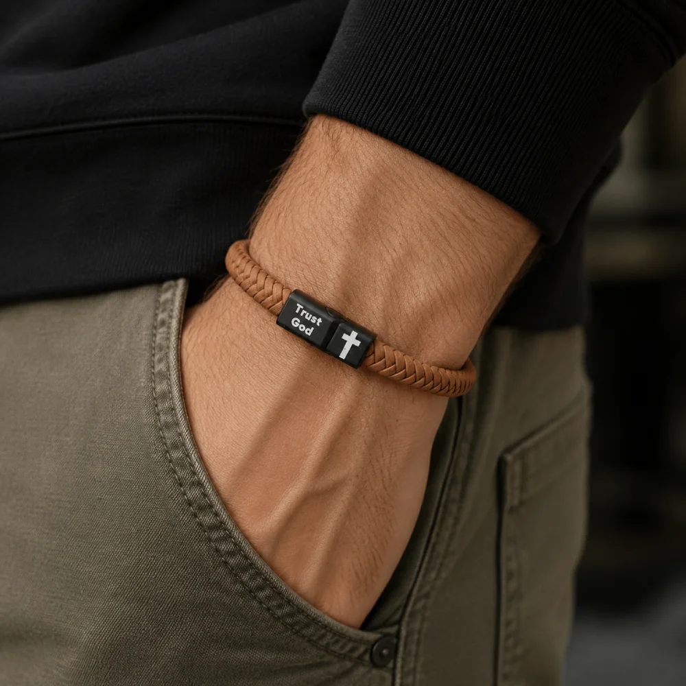 Men Braided Leather Bracelet Engraved Trust God Cross Magnetic Buckle Wristband Christian Religious Faith Inspirational Jewelry