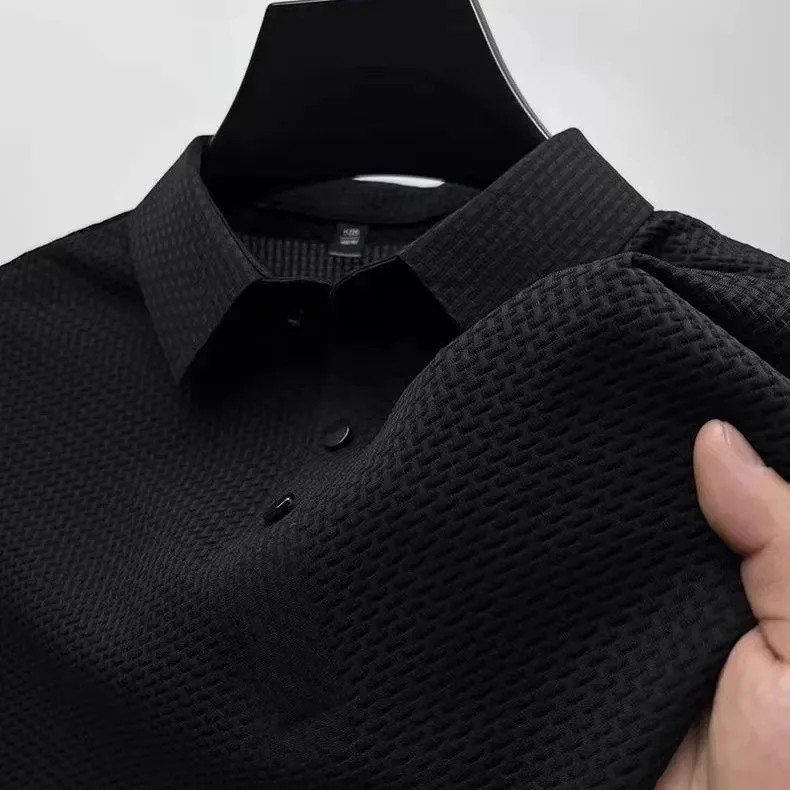 

Men's ort Sve irt Ice Silk Breathable Casual f Sve Turn-down Collar T-irt Pure Color Summer Busin Sle