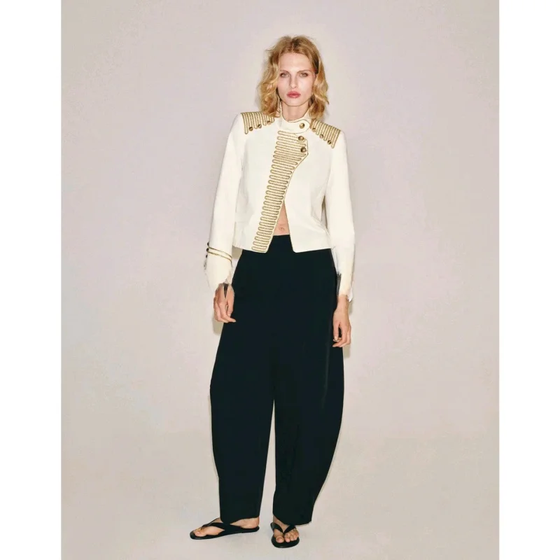 New Autumn Women's Long Sleeve Stand Collar Rope Knot Color Block Jacket Short Style Polyester Fiber Button Closure Coat