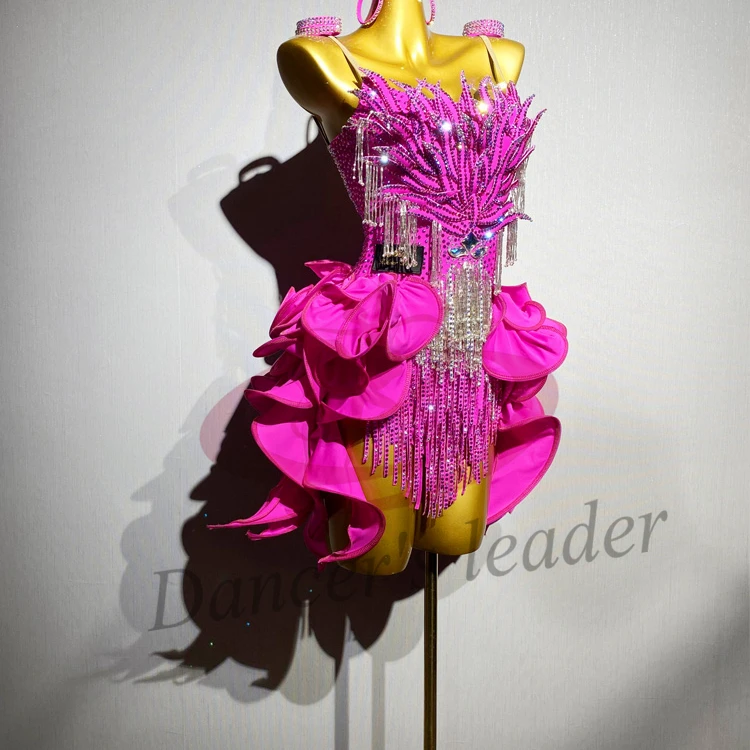 الرقص اللاتيني AB حجر الإناث الكبار الأطفال الراقية مخصصة حبة أنبوب شرابة هيكل السمكة تنورة سوداء بركة السامبا الأداء فستان