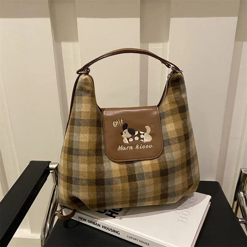 MBTI Cute Shoulder Bag for Women Cat Cartoon College Style Fashion Plaid Backpack Elegant Kawaii Embroidery New Female Tote Bag