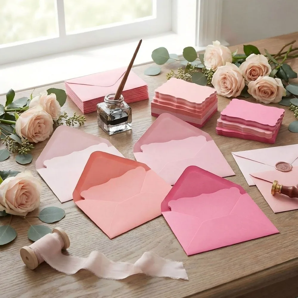 50Pcs Premium Quality Morandi Color Envelope Set With Envelope Blank Interior Greeting Card Wave Edge Mini Gift Card Party Use