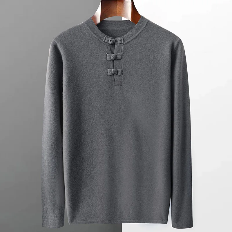 Autumn and winter new men's O-neck 100% pure wool men's loose and slim sweater bottoming shirt in Chinese style.