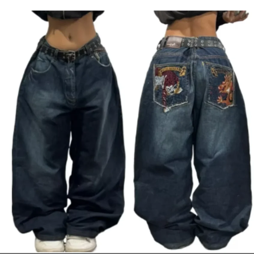 2024 American retro distressed washed men's trendy brand youth wide-leg heavy industry straight jeans personalized street jeans