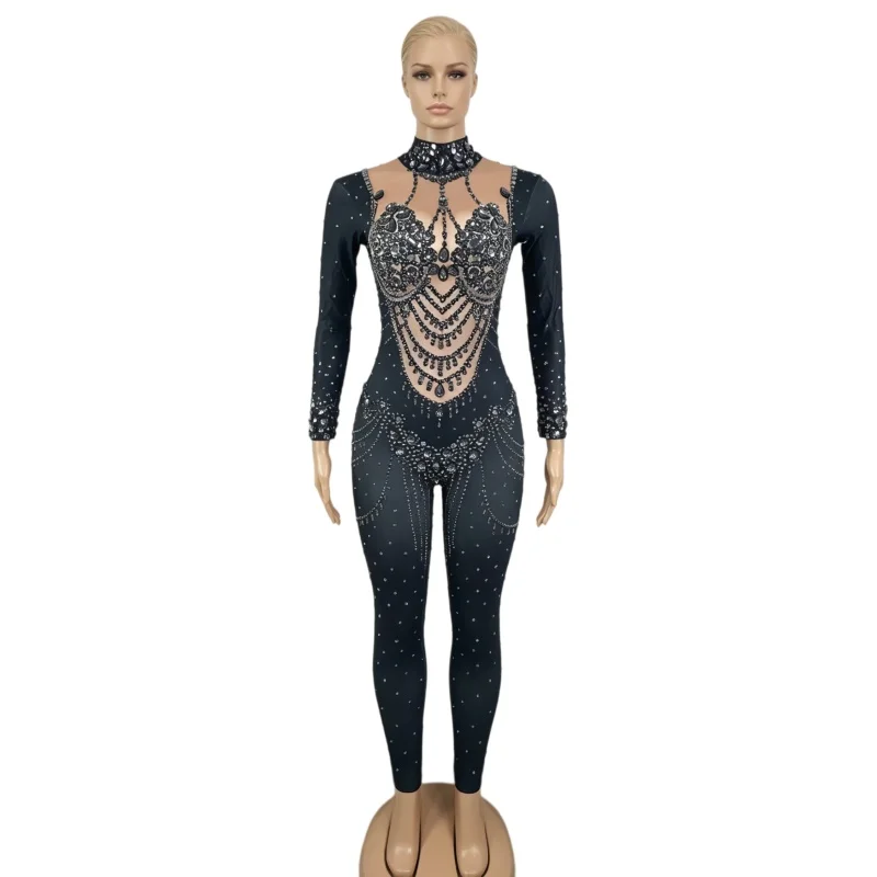 Combinaison scintillante en strass pour femme, idéale pour les fêtes d'anniversaire, les soirées, les costumes de chanteuse, les bars, les boîtes de nuit, les tenues de scène sexy