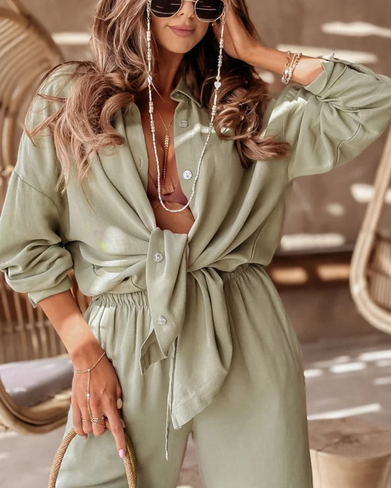 

Women Outfits Summer for Women's Trousers Sets New Fashion Female Turn-Down Collar Long Sleeve Blouses & Drawstring Pants Set