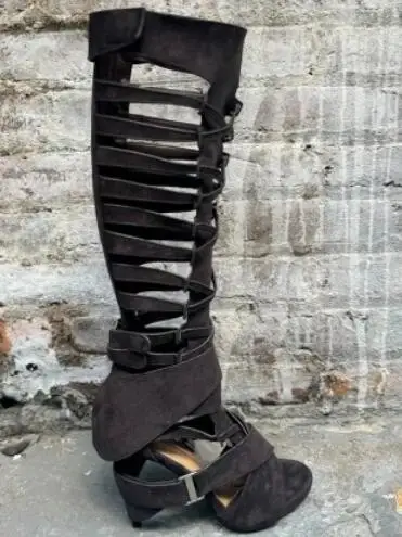 

Elegant Women Summer Gray White Beige Suede Cross Strap Hollow Knee High Sandals Boots Gladiator Round Open Toe High Heel Boots