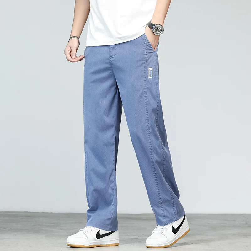 New Summer Lyocell Fabric Men\'s Jeans Pants Lightweight Straight Loose Quality Sweatpants Casual Soft Wide Leg Long Trousers