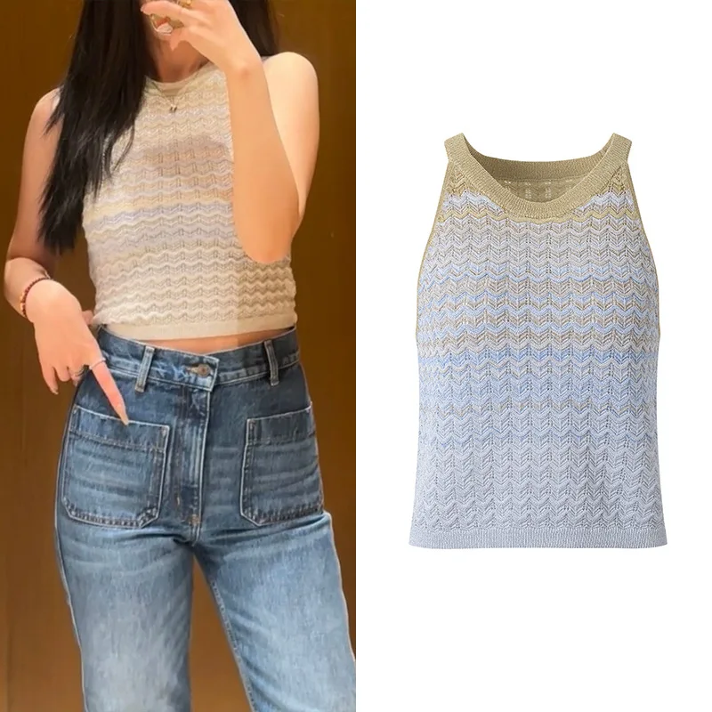 

Faionable Knitted Tank Top Hollow out Wave Pattern Svel round Ne ort Sle Vest Strap for Women Commute Sle