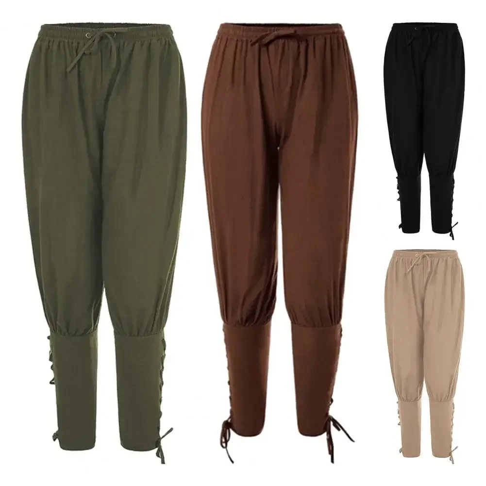 Pantaloni da pirata medievali per uomo adulto Costume da cavaliere in lino Leggings larghi Pantaloni con fasciatura per le gambe da navigatore nero