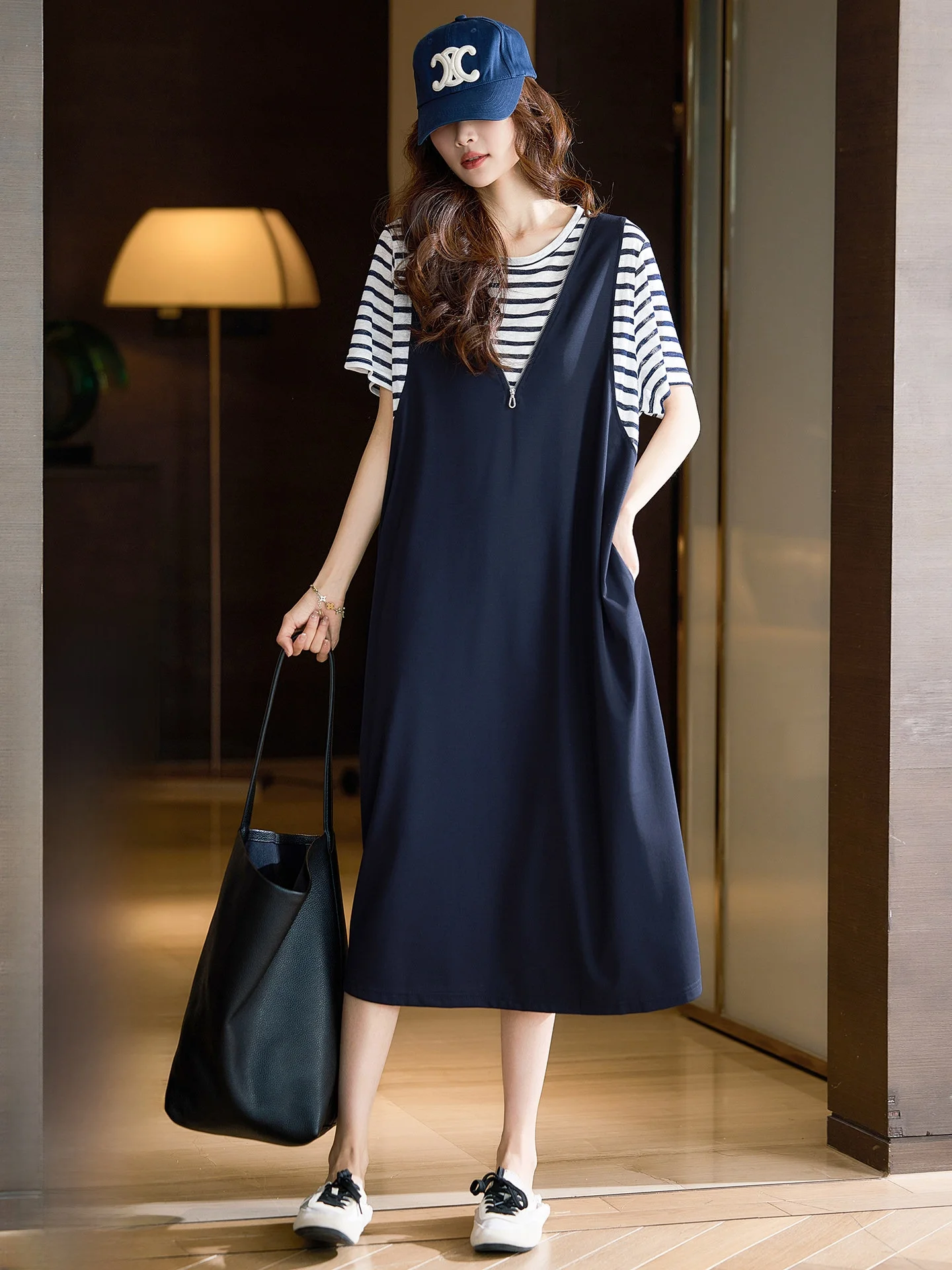

Casual Striped Two-Piece Effect Dress Women's Loose Long Spring New Style Comfortable Breathable Cotton Nylon Fiber Dress