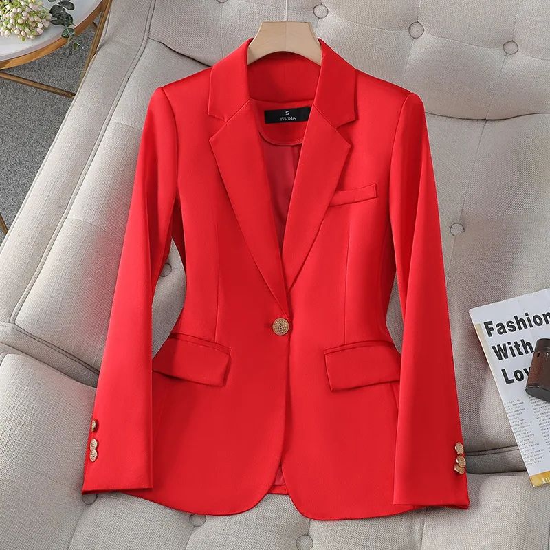 Red Blazer Female Slim Ofiice Lady Suits Thin Single Button Women Casual Temperament Top High Strecth Ladies Red Tide