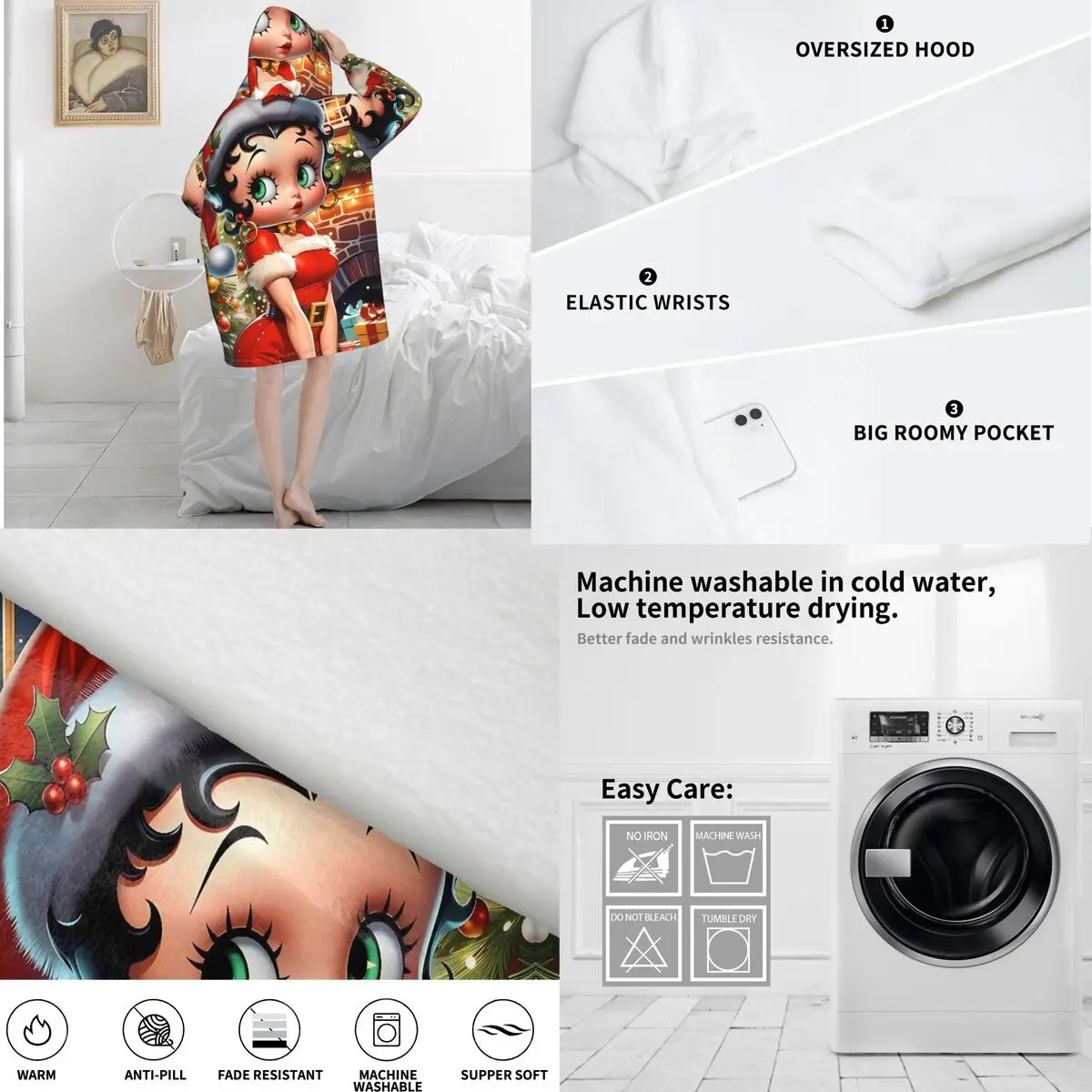 B-Bettys Boops Blanket Hoodie Wearable Blanket Large with Pocket Warm Sleeping Bag Soft Cozy Onesie view 6