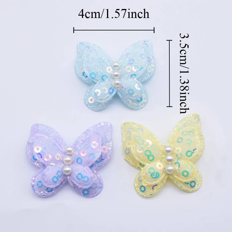 12Pcs 40*35mm Padded Sequins Double Butterfly Appliques for DIY Headwear Hair Clips Bow Decor Clothes Hat Shoes Sewing Patches