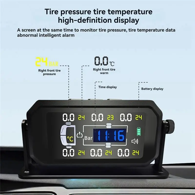 Car RV Truck TPMS 6 Wheels Sensor Solar Tire Pressure Monitoring System Temperature Clock Air Pressure Display Alarm-A91R