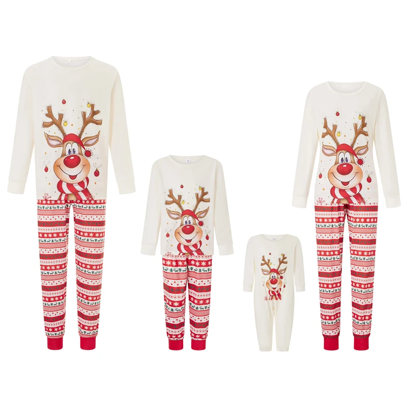 

2025 Christmas Family Matching Pajama Set Elk Print Long Sleeve Round Neck Tops/Romper Striped Trousers