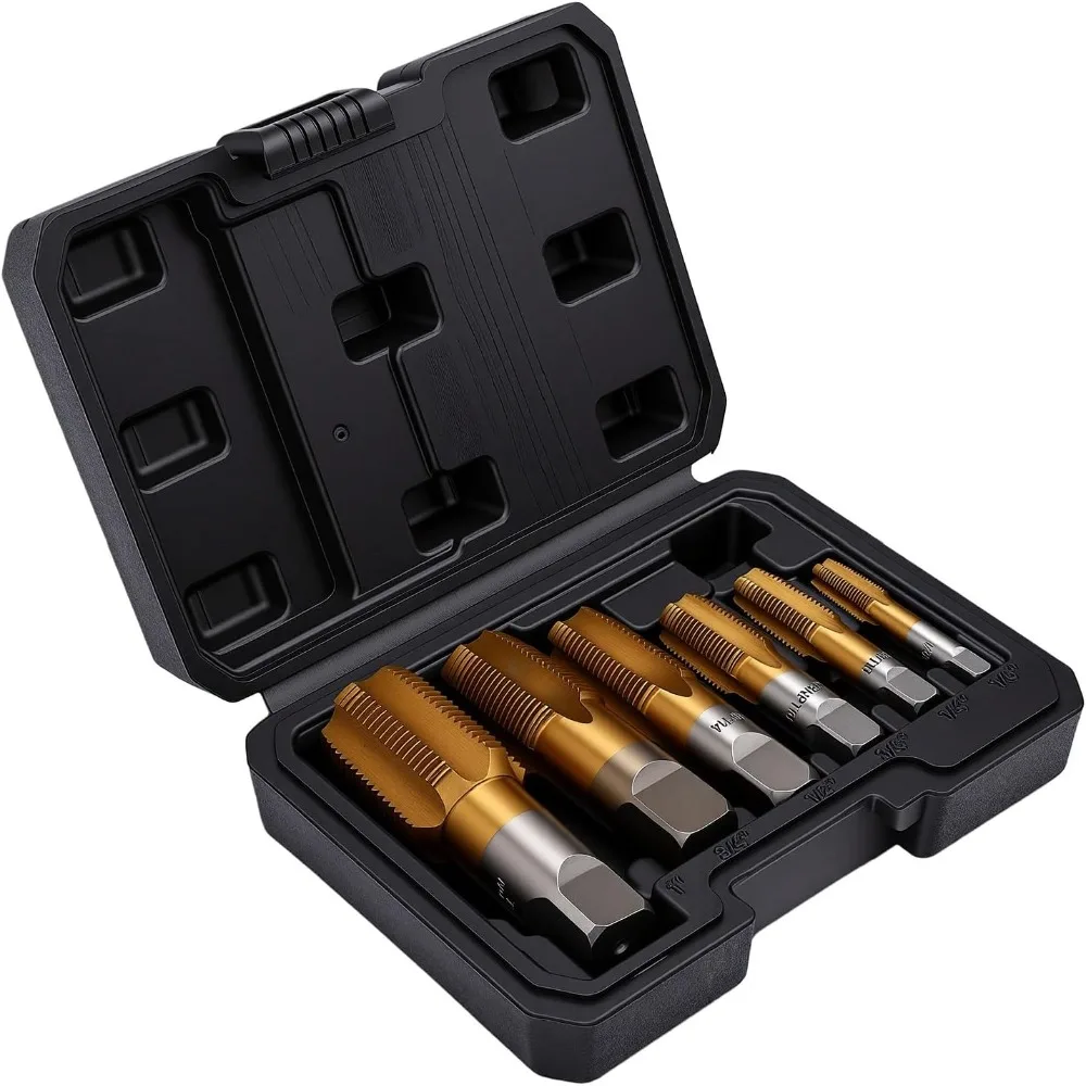 6pcs Ti Plated Finish Hand Threading Tap Set Four Flute Design Right Hand Cut Pipe Threading Tap Set Plastic Storage Case