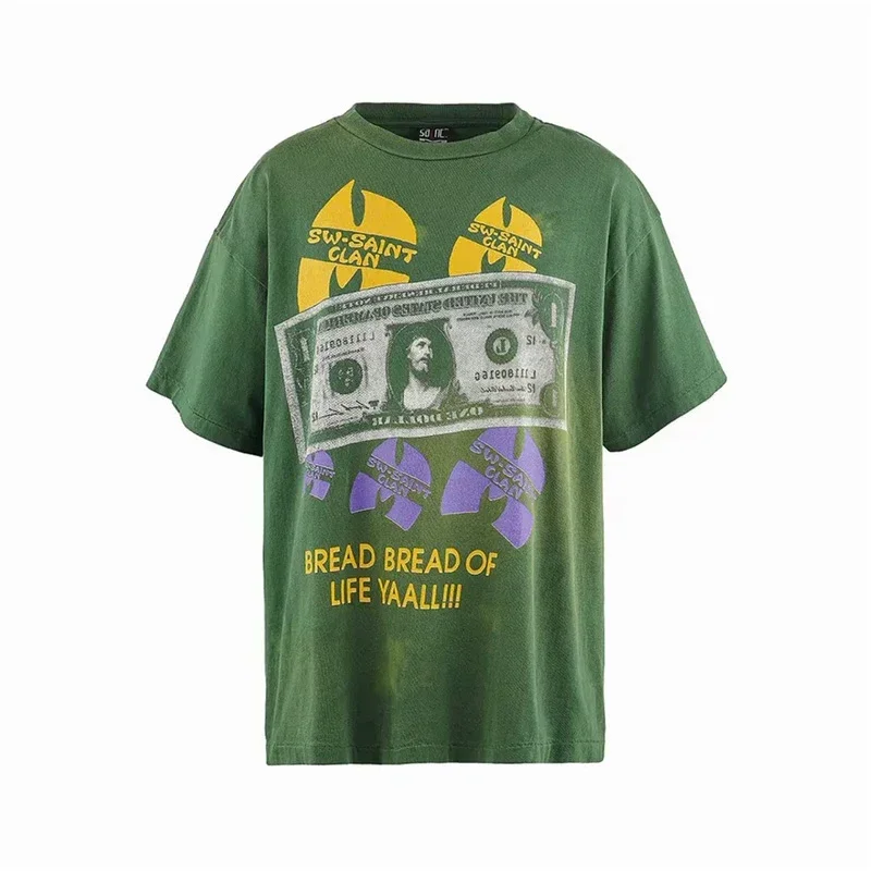 2024 Summer Oversized Style Cotton T-Shirt Men Women High Quality Banknote Printing Green Saint T Shirt Casual Tee Tops