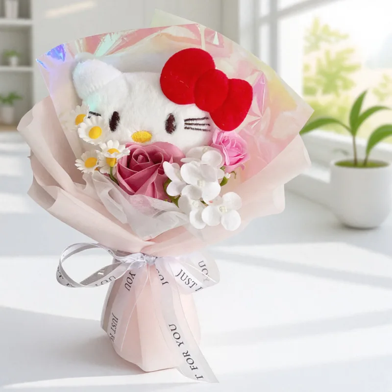 

Hello Kitty Bouquet Toy Cute Cartoon Women Accessories Kuromi Doll Rose Children Toy Desktop Ornament Kawaii Girl Gift Wholesale