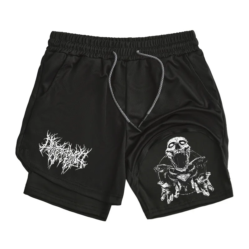 

Men'S Y2K Quick-Drying Performance Fitness Shorts Skull Print Double Layer Workout Running Training Bodybuilding Sportwear