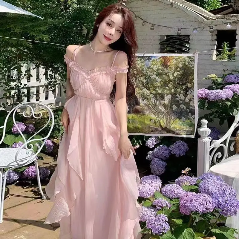 

Temperament Fashion Pink Chiffon Lace Long Dress 2023 Summer New Light Luxury Style Pink Xianqi Long Fit Sexy Dress Women