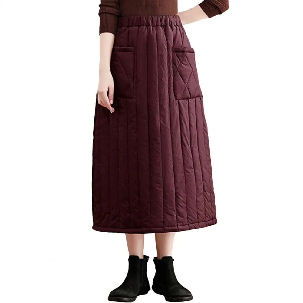 Winter High-Waisted Thickened Cotton Skirt Plus Size Extra Length Windproof Warm Down Cotton Dress A- Line Button Skirt