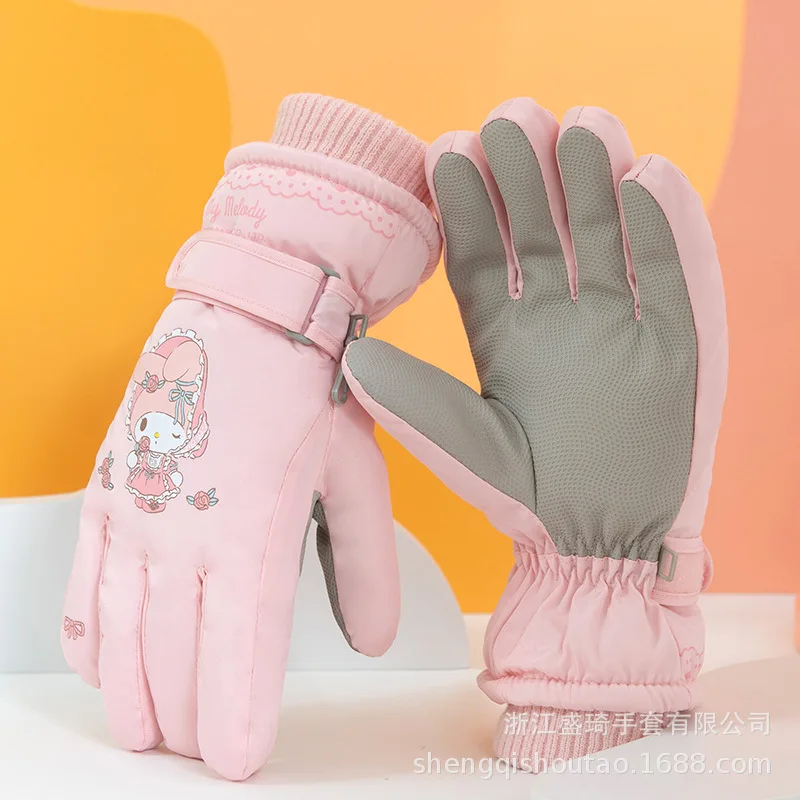 Kawaii Sanrio Cartoon Children Gloves Cute Anime Kuromi My Melody Autumn Winter Padded Warm Ski Gloves Girls Christmas Gift Toys