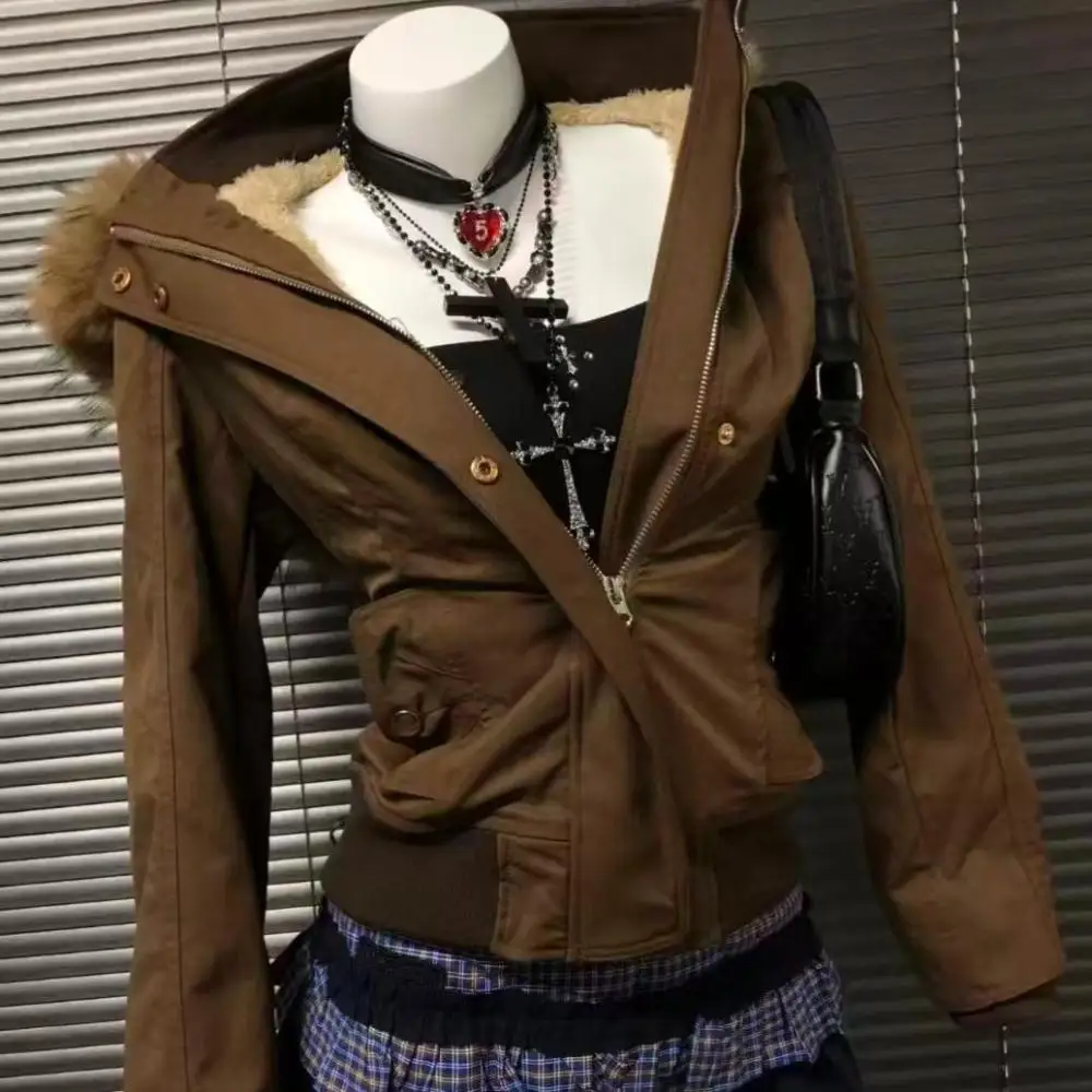 American Harajuku Vintage Coats with Hooded Women Zipper Sweatshirts Casual Streetwear Y2K Slim Fit Short Jacket Thicken Warmth