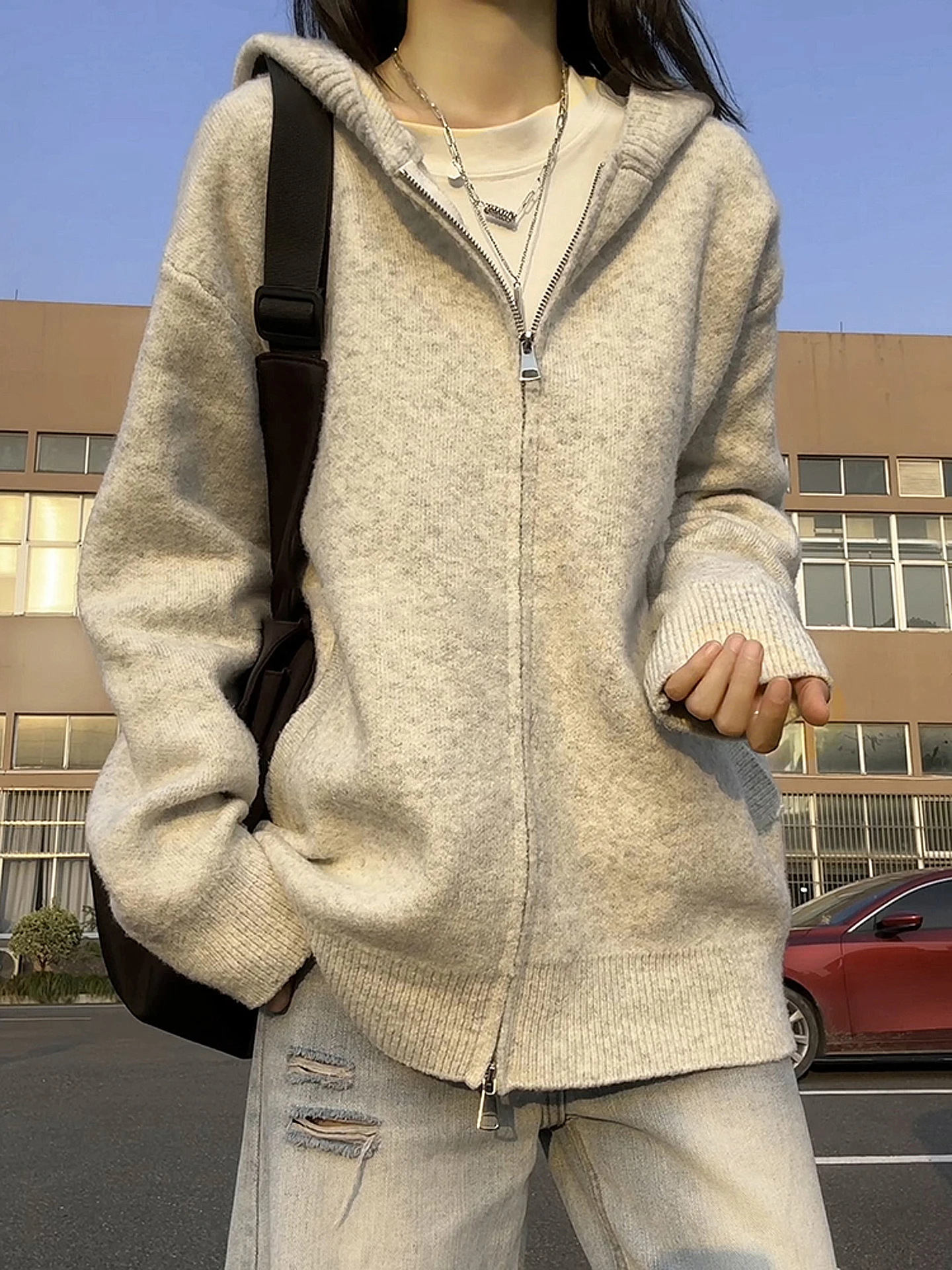 

Вязаный кардиган с капюшоном унисекс, повседневный, для осени, на молнии, из полиэстера, с длинными рукавами